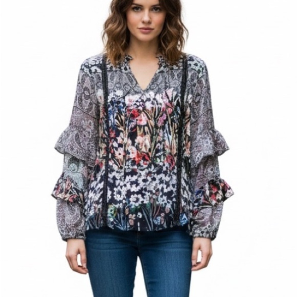 Parker 100% Silk Floral Paisley Long Ruffle Sleeve Boho Blouse Size Medium